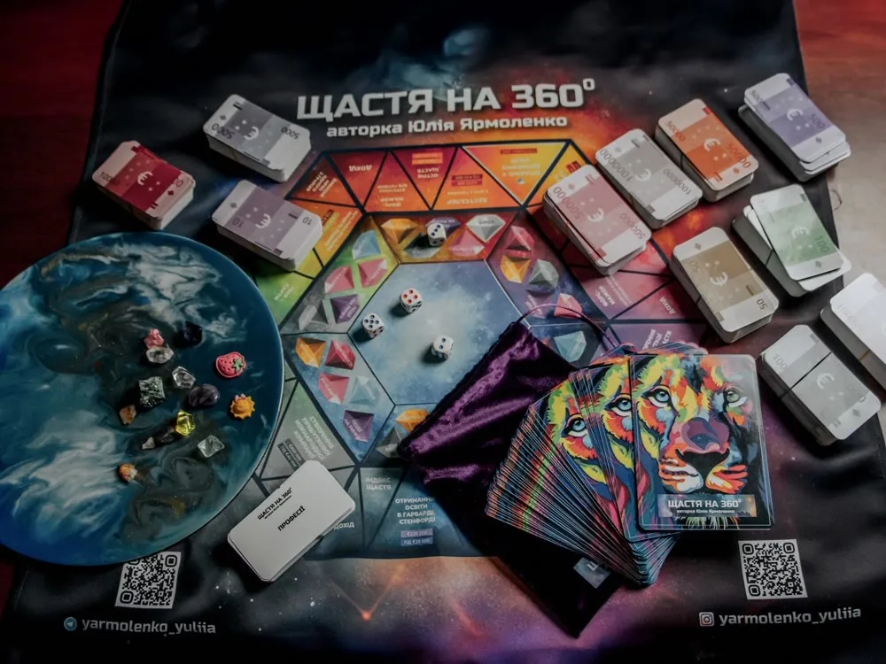 Ігрове поле «Щастя на 360°» з картками, кубиками та ігровими грошима